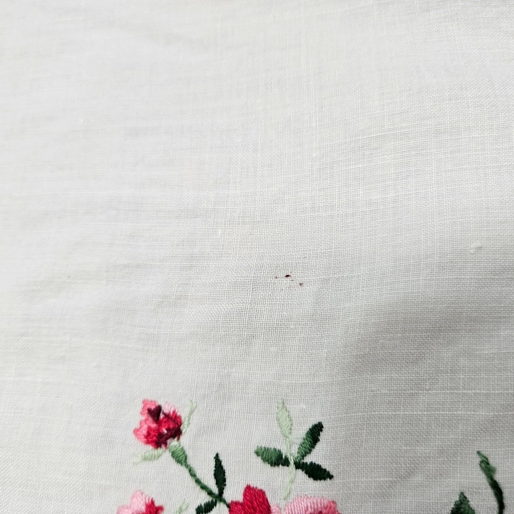 Vintage Embroidered Linen Tea Towel Cottagecore Floral Pink Green Roses - Picture 6 of 9